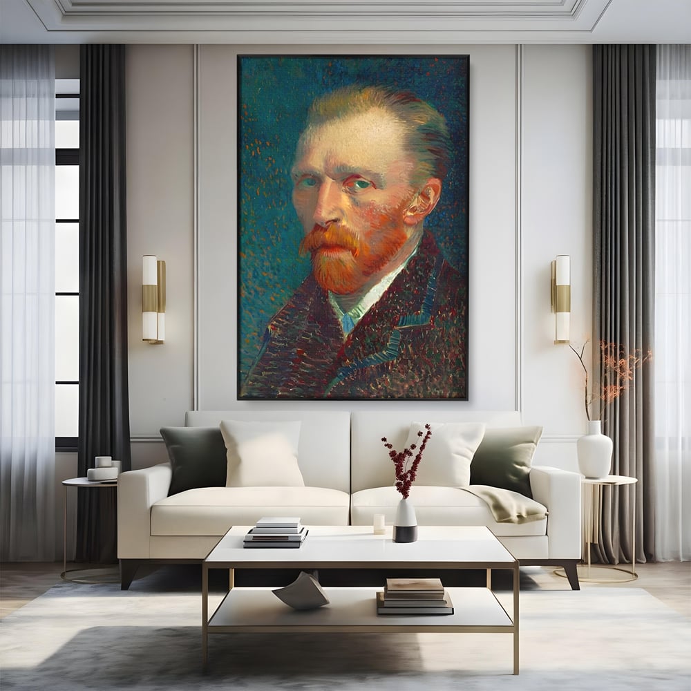 Tablou canvas cu autoportret vincent van gogh, in rama de aluminiu negru, pe perete intr-un living